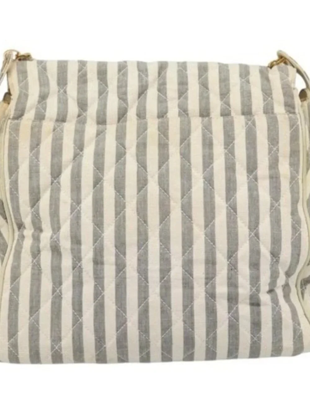 CHANEL Striped Matelasse Chain Shoulder Bag Canvas White Gray CC Auth bs3642 - Picture 2 of 16